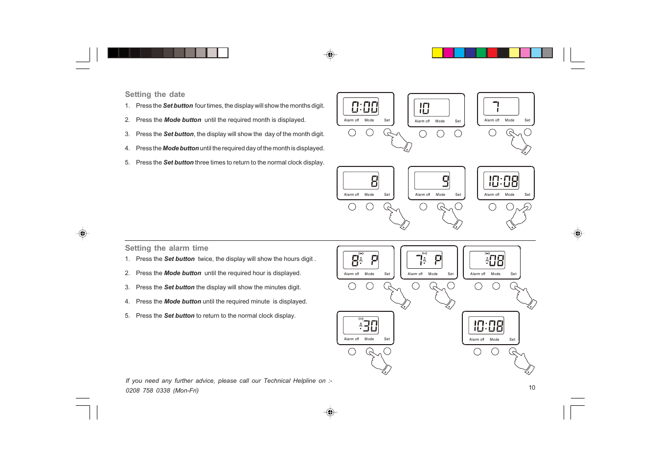 Setting the date, Setting the alarm time | Roberts Radio RC9907 User Manual | Page 11 / 20