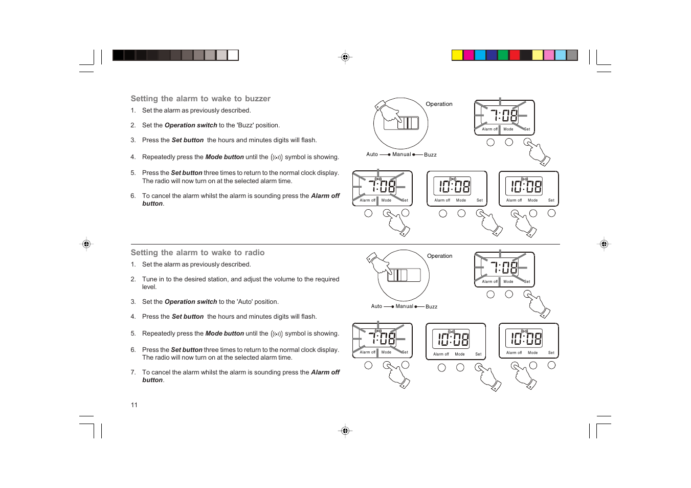 Setting the alarm to wake to radio, Setting the alarm to wake to buzzer | Roberts Radio RC9907 User Manual | Page 12 / 20