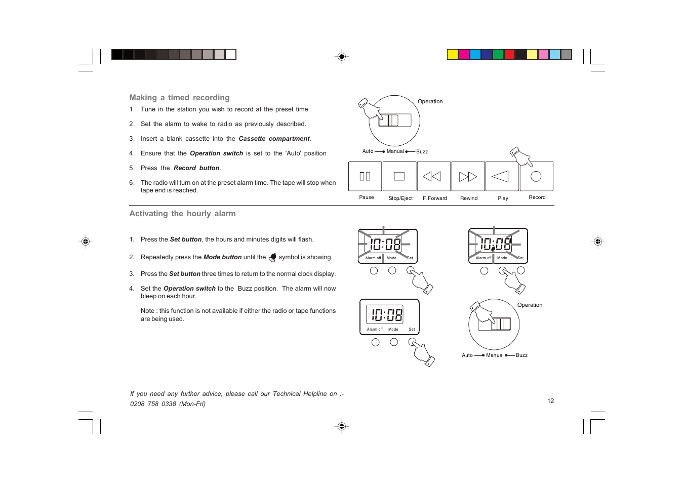 Activating the hourly alarm, Making a timed recording | Roberts Radio RC9907 User Manual | Page 13 / 20