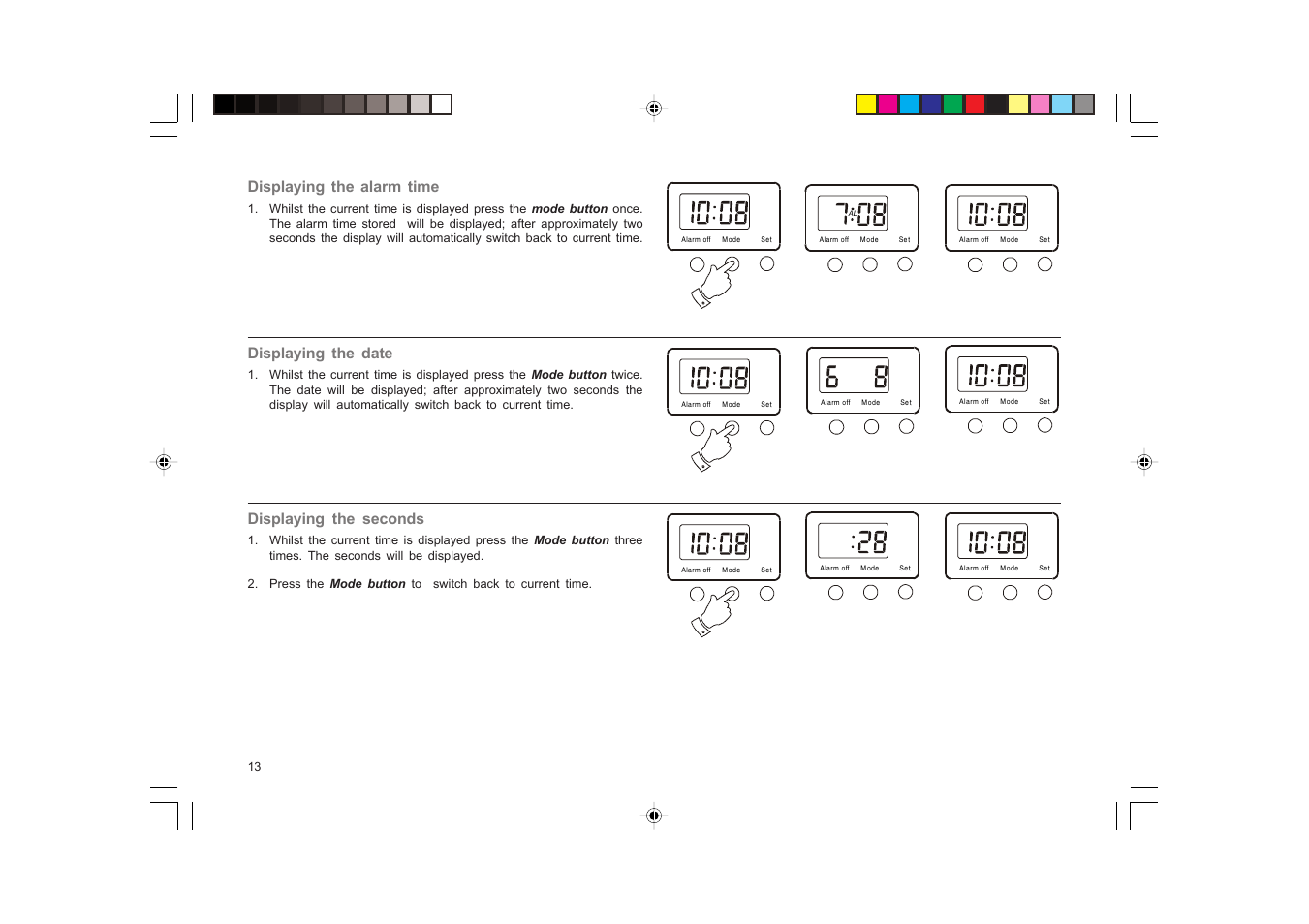 Displaying the alarm time, Displaying the date, Displaying the seconds | Roberts Radio RC9907 User Manual | Page 14 / 20