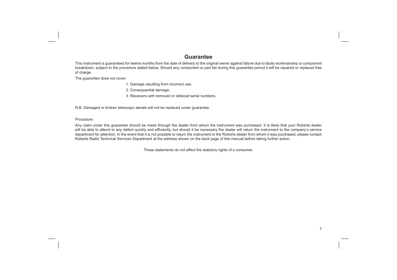 Guarantee | Roberts Radio Revwal User Manual | Page 7 / 8