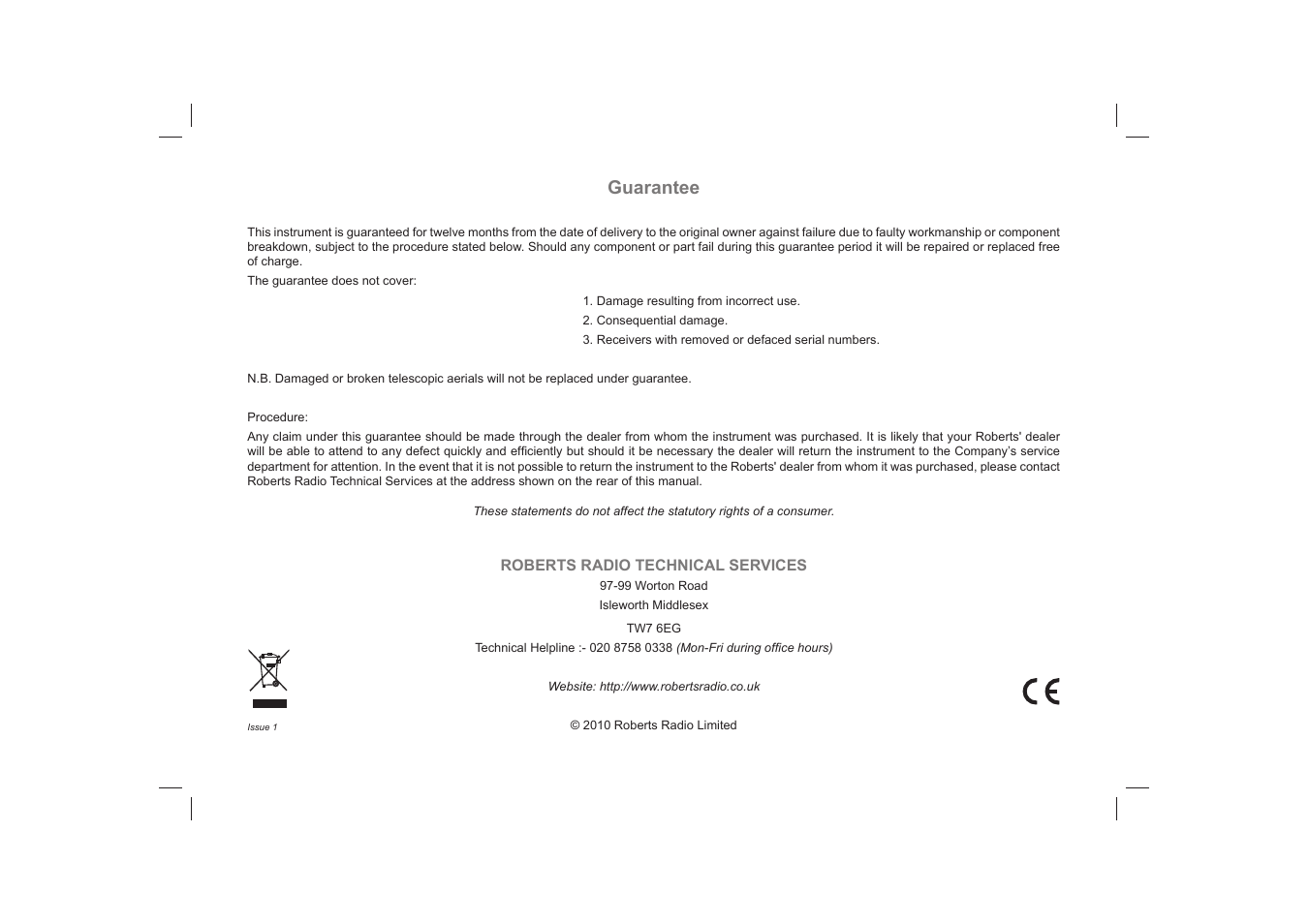 Guarantee | Roberts Radio Classic DAB User Manual | Page 24 / 24
