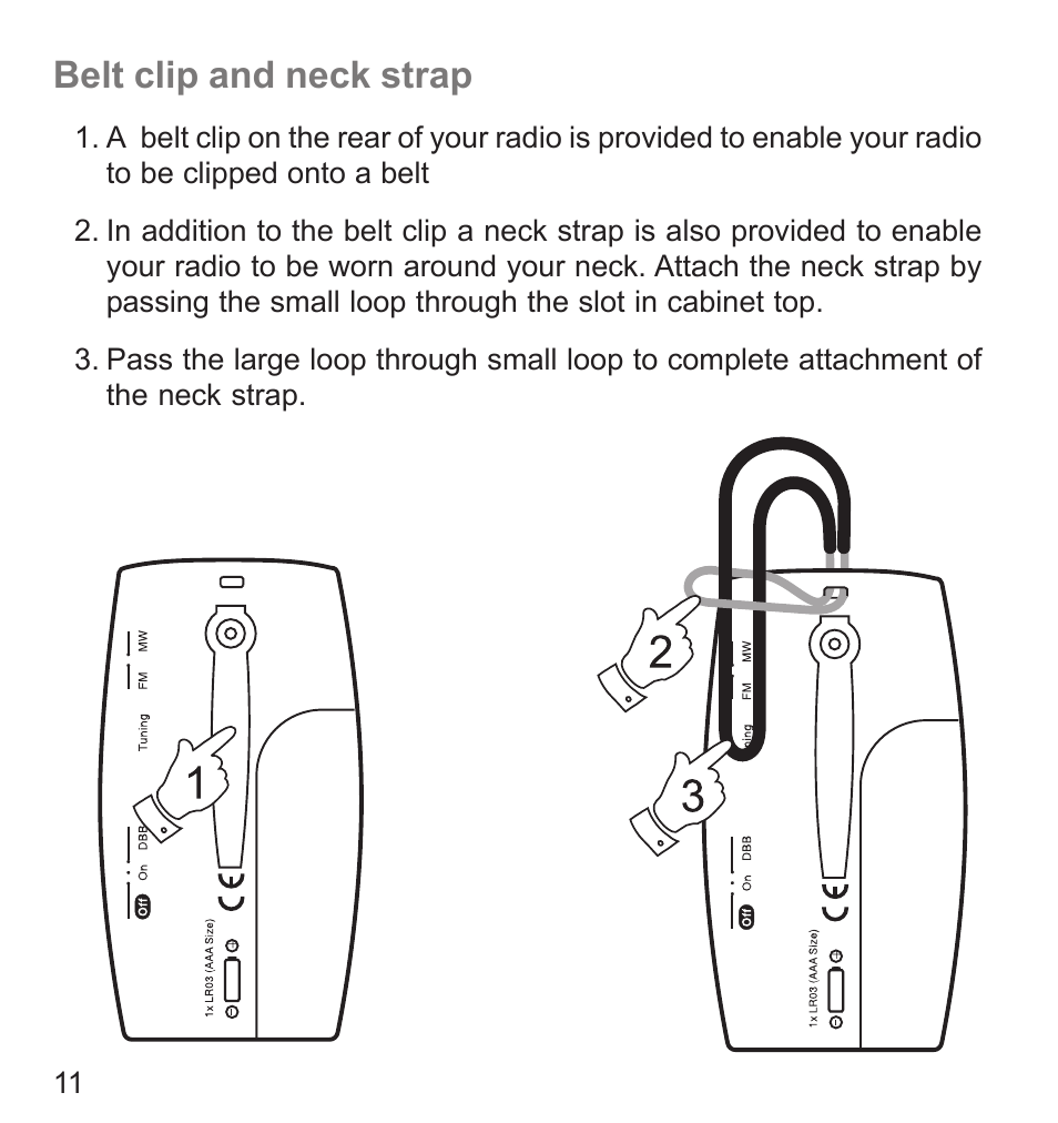 Belt clip and neck strap | Roberts Radio R9941 User Manual | Page 12 / 16