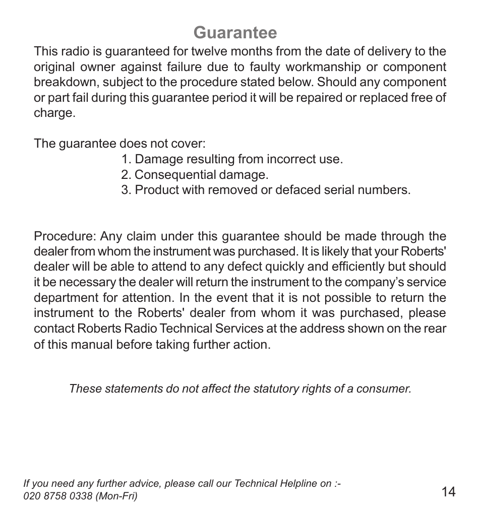 Guarantee | Roberts Radio R9941 User Manual | Page 15 / 16