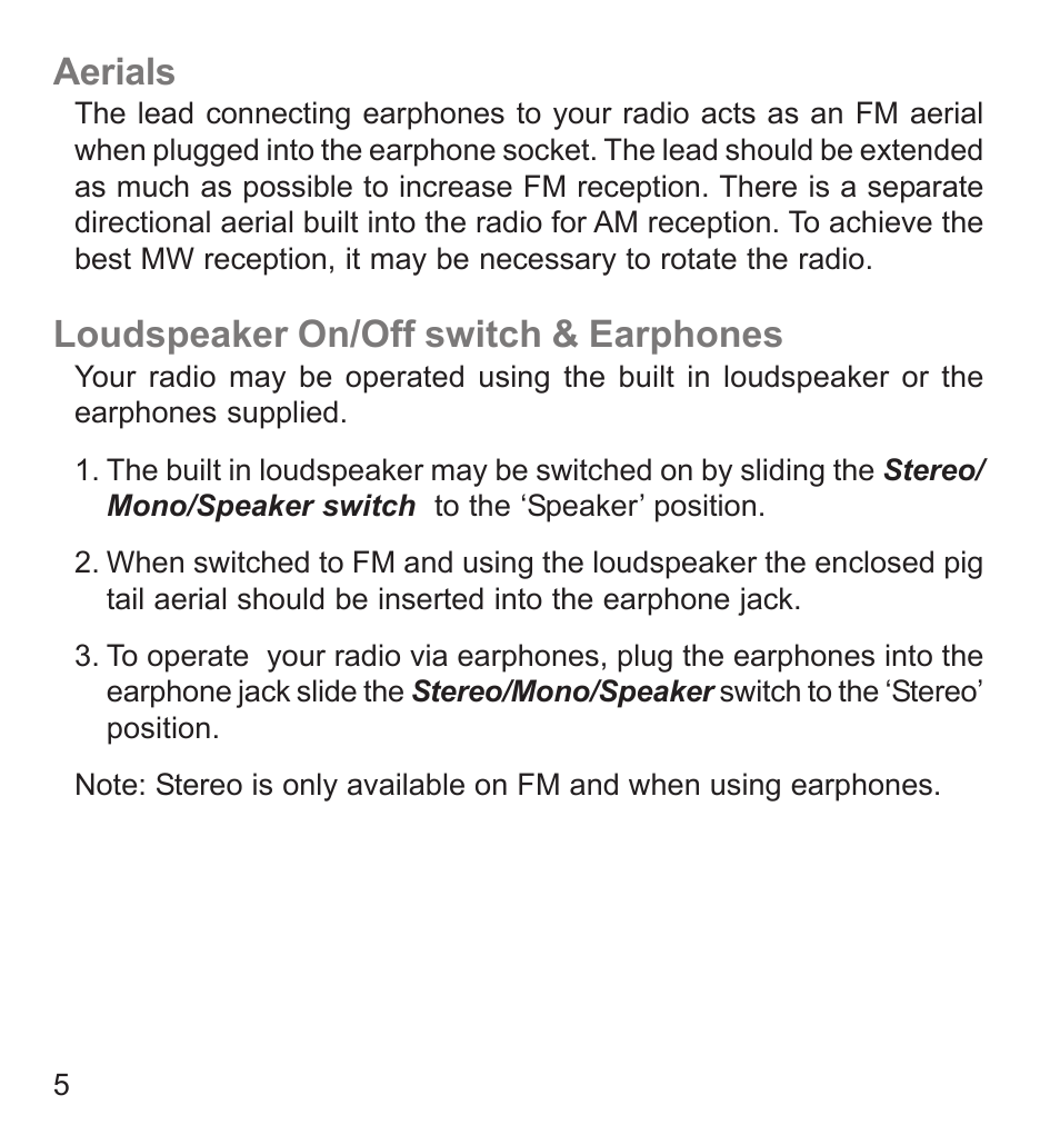 Aerials, Loudspeaker on/off switch & earphones | Roberts Radio R9941 User Manual | Page 6 / 16