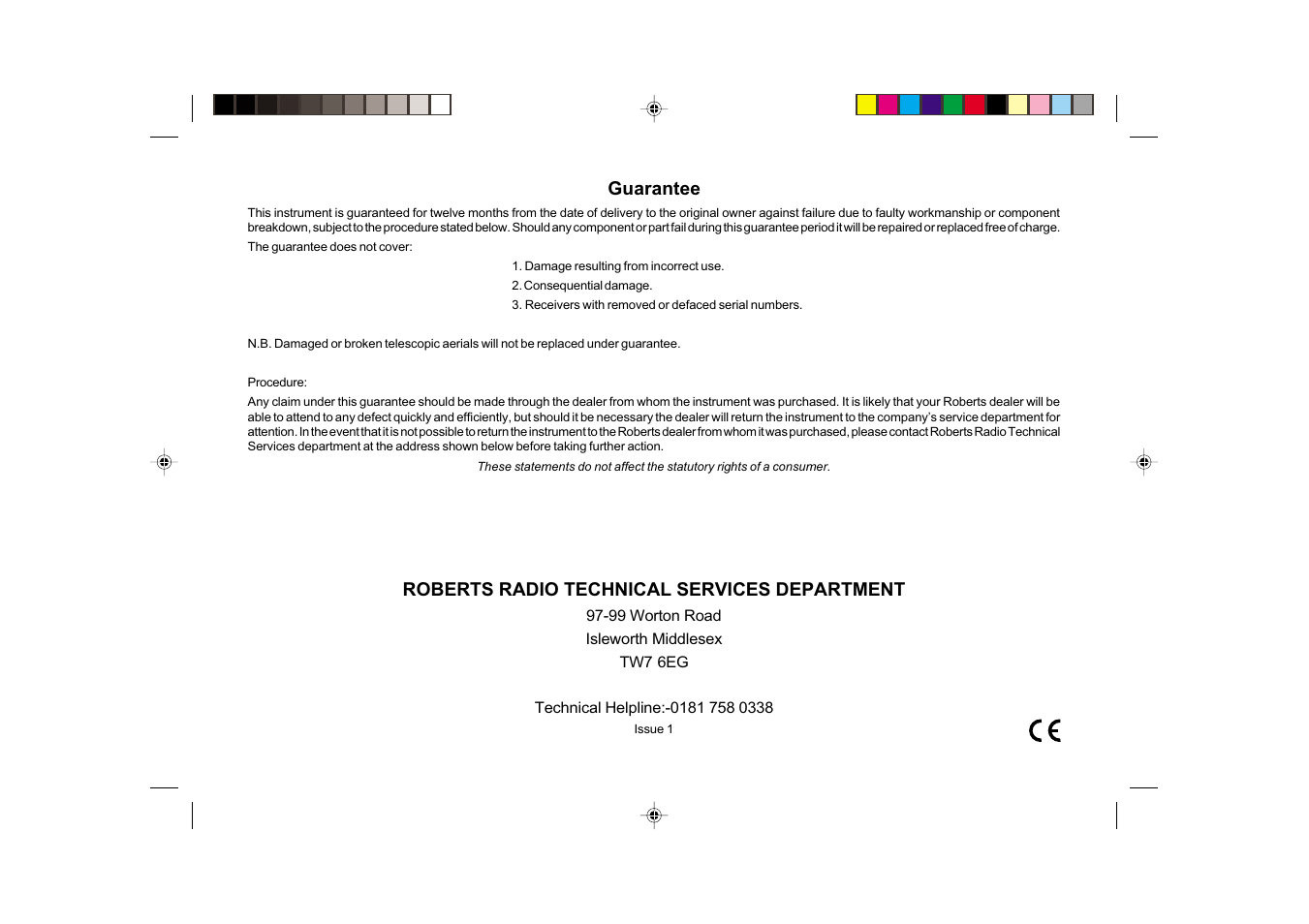 Roberts radio technical services department, Guarantee | Roberts Radio SRC955 User Manual | Page 8 / 8