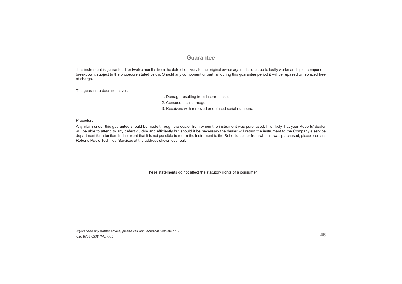 Guarantee | Roberts Radio DreamDock User Manual | Page 47 / 48