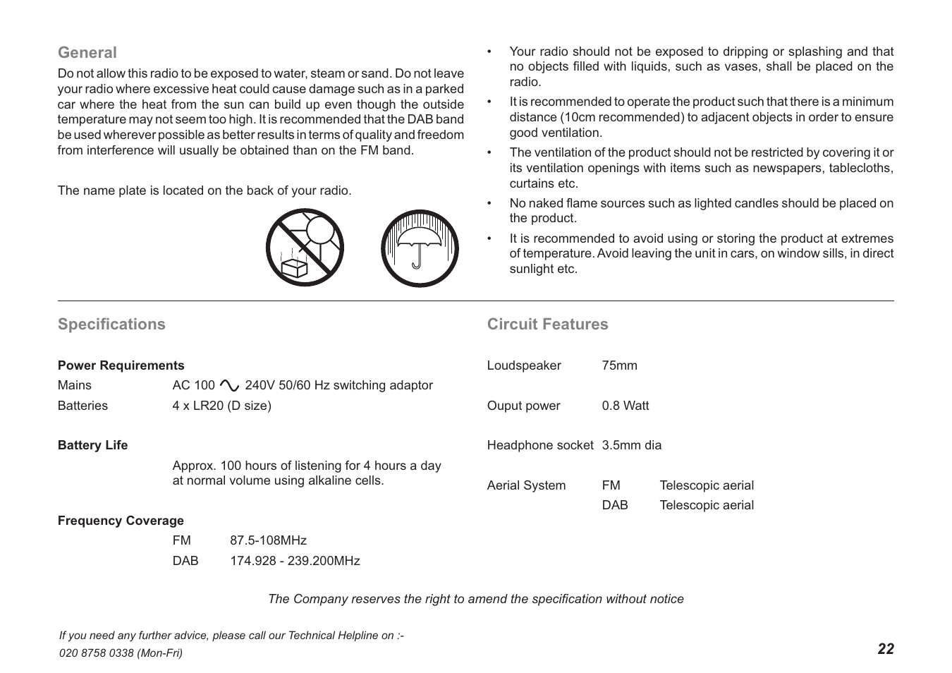 Circuit features, Speciﬁ cations, General | Roberts Radio Ecologic 3 User Manual | Page 23 / 24