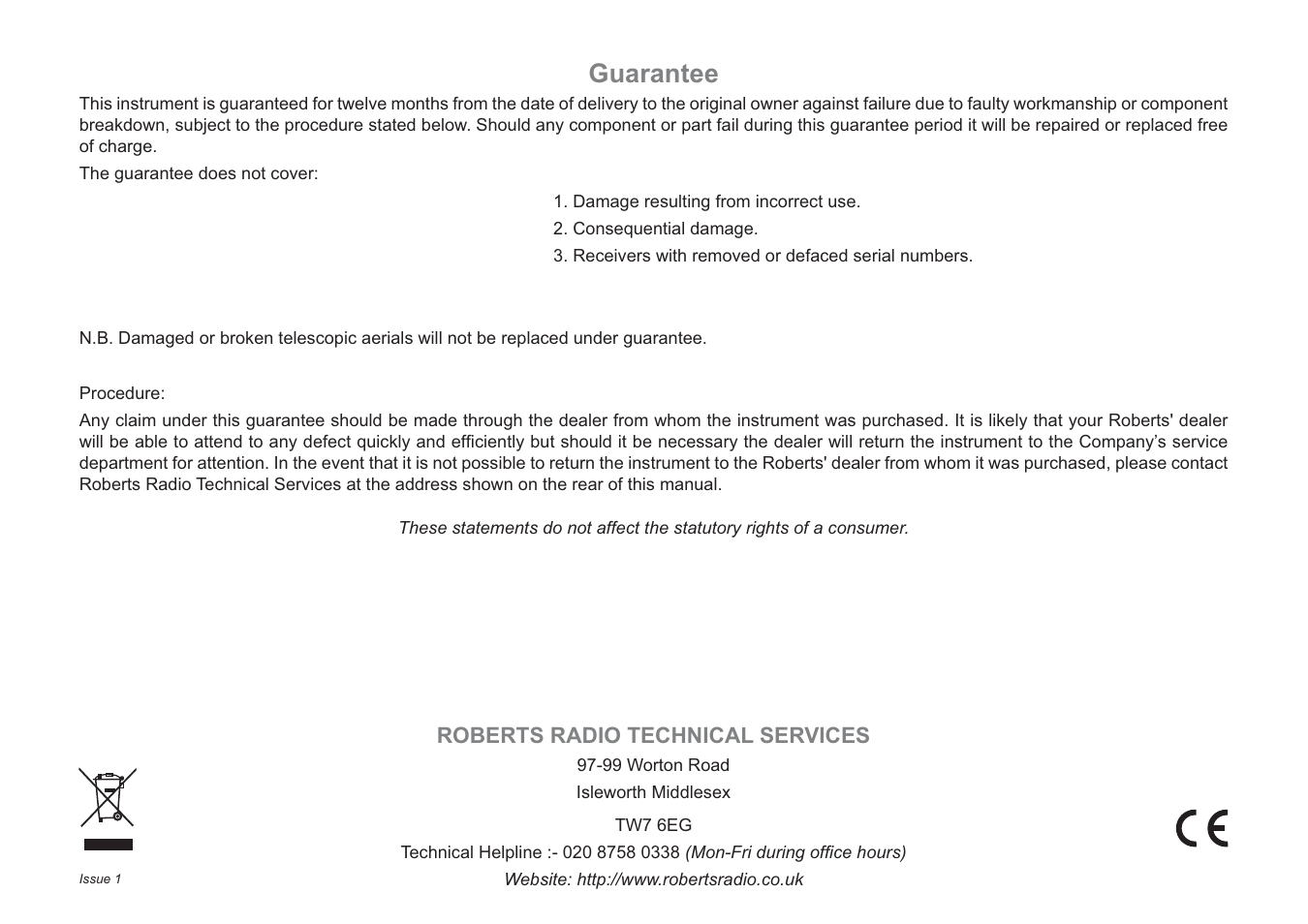 Guarantee, Roberts radio technical services | Roberts Radio Ecologic 3 User Manual | Page 24 / 24