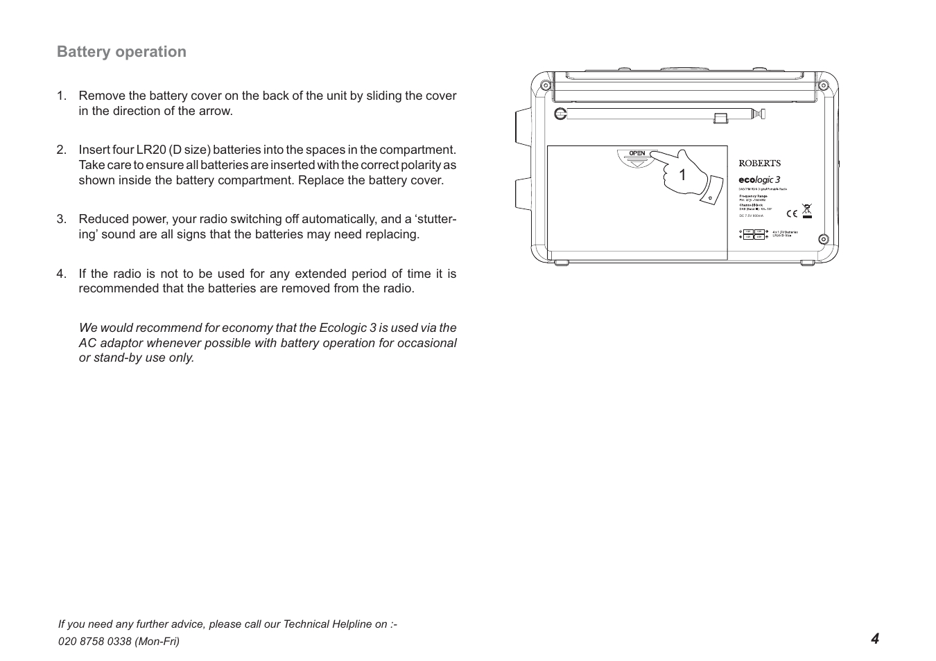 Battery operation | Roberts Radio Ecologic 3 User Manual | Page 5 / 24