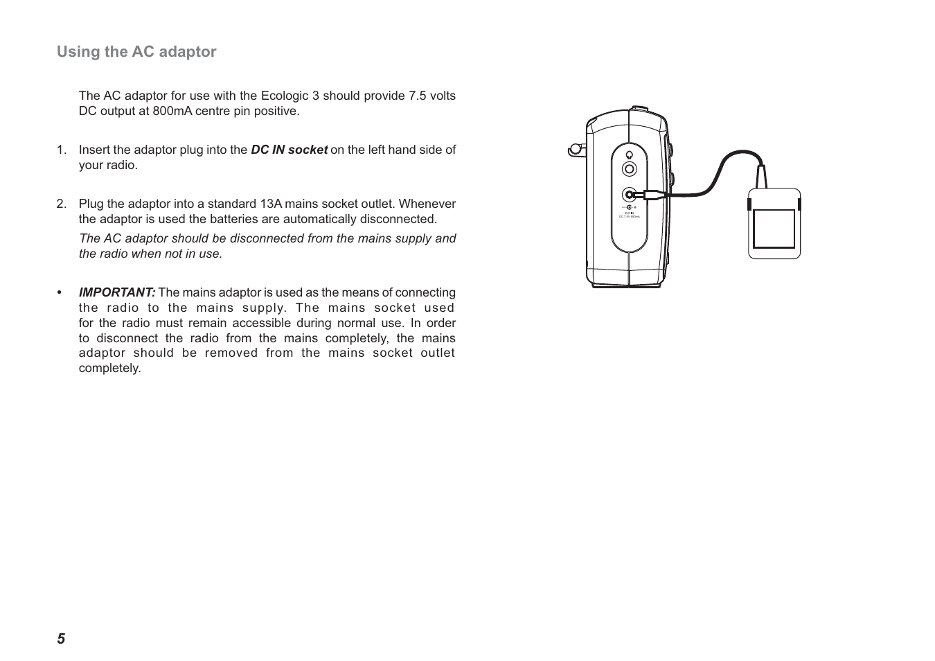 Using the ac adaptor | Roberts Radio Ecologic 3 User Manual | Page 6 / 24