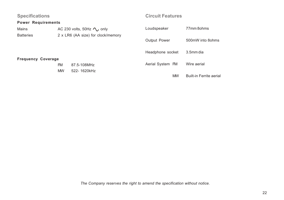 Specifications, Circuit features | Roberts Radio CR9935 User Manual | Page 23 / 24