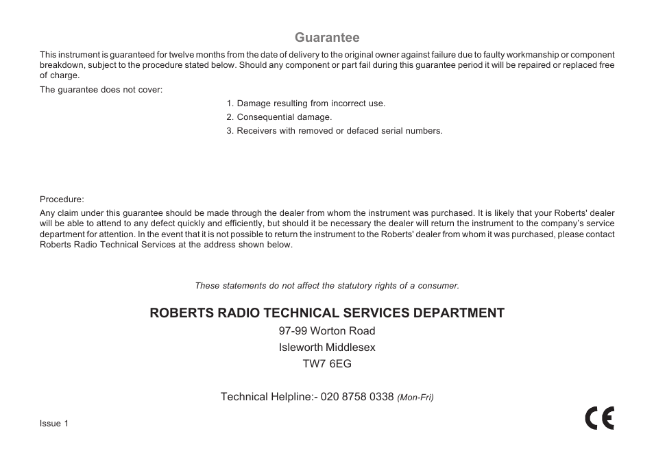 Roberts radio technical services department, Guarantee | Roberts Radio CR9935 User Manual | Page 24 / 24