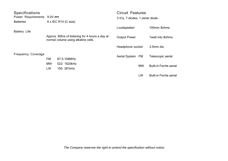 Specifications, Circuit features | Roberts Radio R701 User Manual | Page 5 / 7