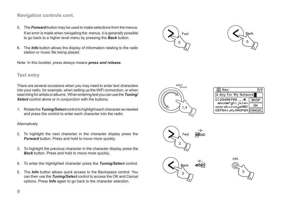 9navigation controls cont, Text entry | Roberts Radio 205 User Manual | Page 10 / 100
