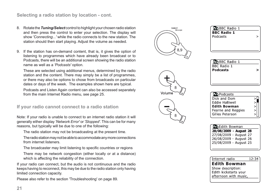 21 selecting a radio station by location - cont, If your radio cannot connect to a radio station | Roberts Radio 205 User Manual | Page 22 / 100
