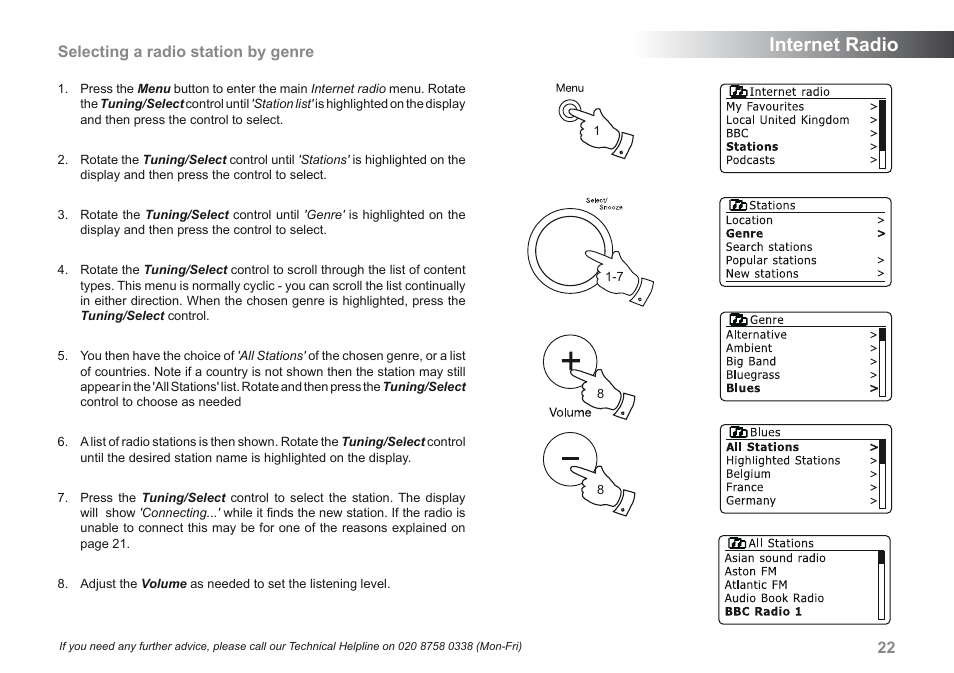 Internet radio, 22 selecting a radio station by genre | Roberts Radio 205 User Manual | Page 23 / 100