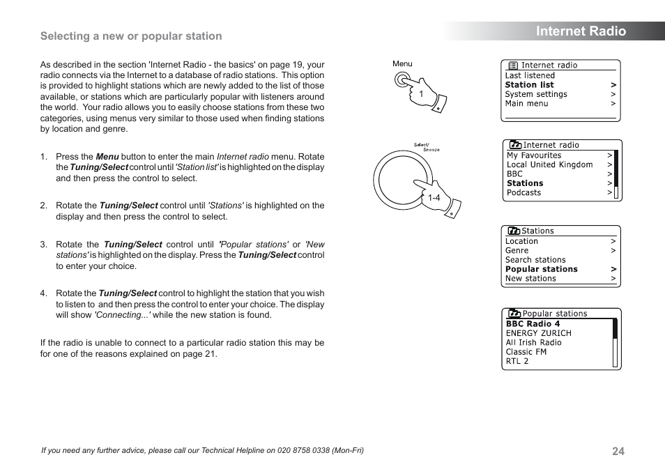 Internet radio, Selecting a new or popular station | Roberts Radio 205 User Manual | Page 25 / 100