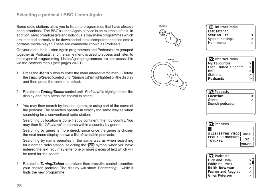 25 selecting a podcast / bbc listen again | Roberts Radio 205 User Manual | Page 26 / 100