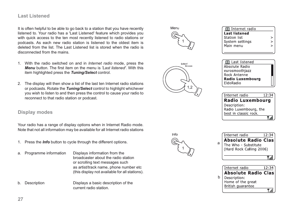 27 last listened, Display modes | Roberts Radio 205 User Manual | Page 28 / 100