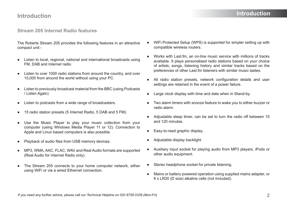 Introduction, Stream 205 internet radio features | Roberts Radio 205 User Manual | Page 3 / 100