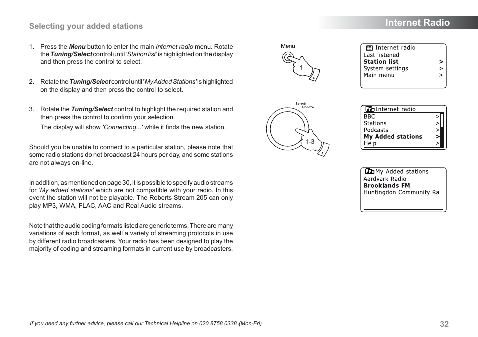 Internet radio, Selecting your added stations | Roberts Radio 205 User Manual | Page 33 / 100