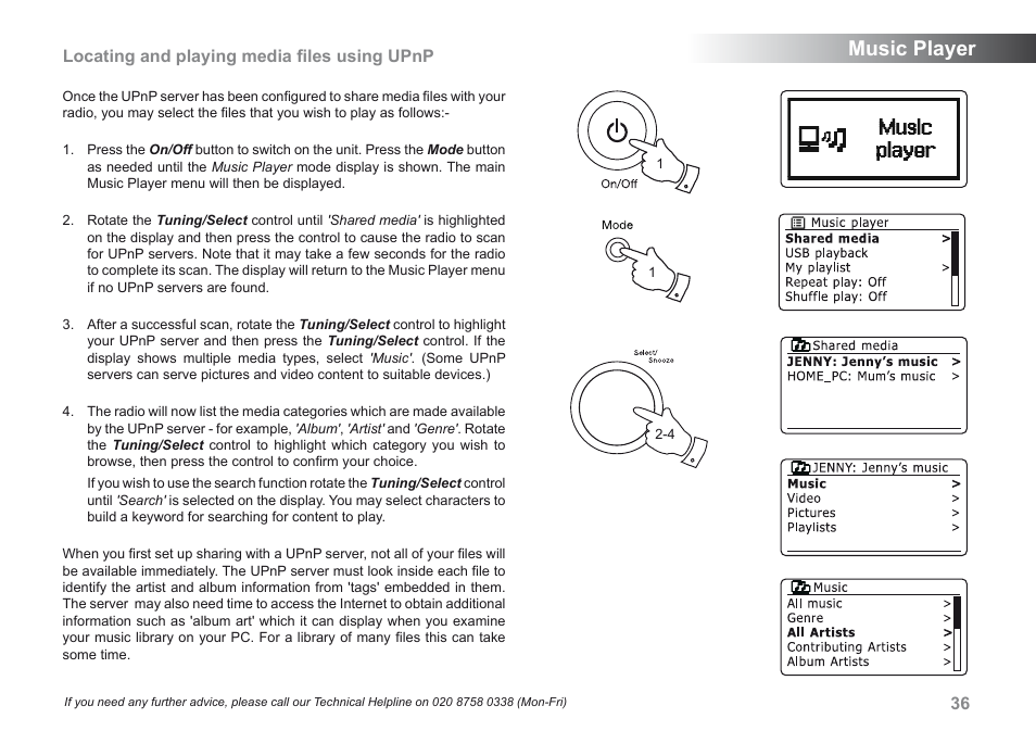 Music player, 36 locating and playing media files using upnp | Roberts Radio 205 User Manual | Page 37 / 100