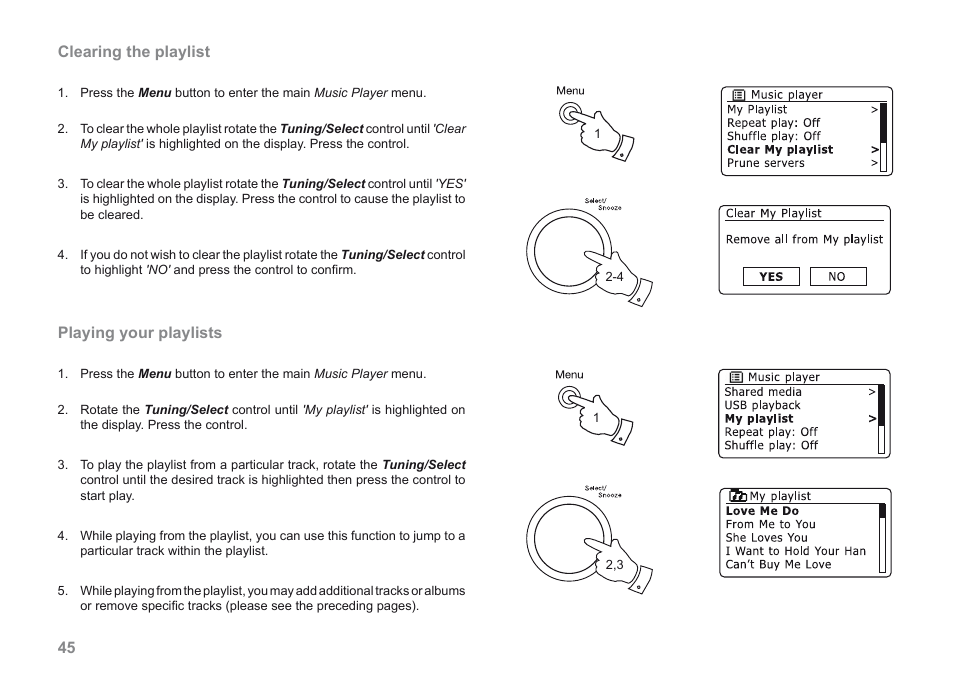 Clearing the playlist, Playing your playlists | Roberts Radio 205 User Manual | Page 46 / 100