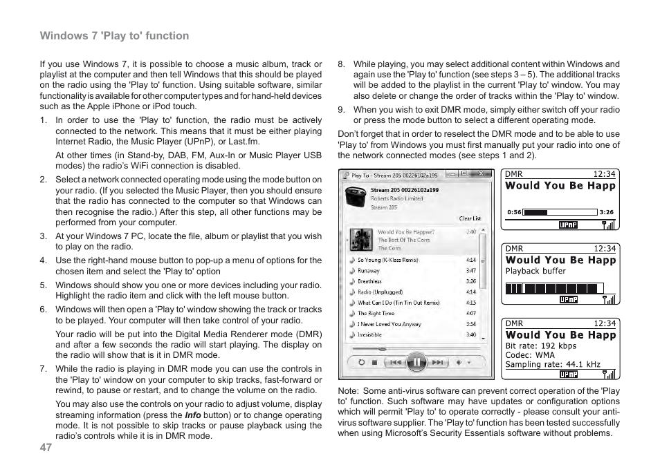 47 windows 7 'play to' function | Roberts Radio 205 User Manual | Page 48 / 100