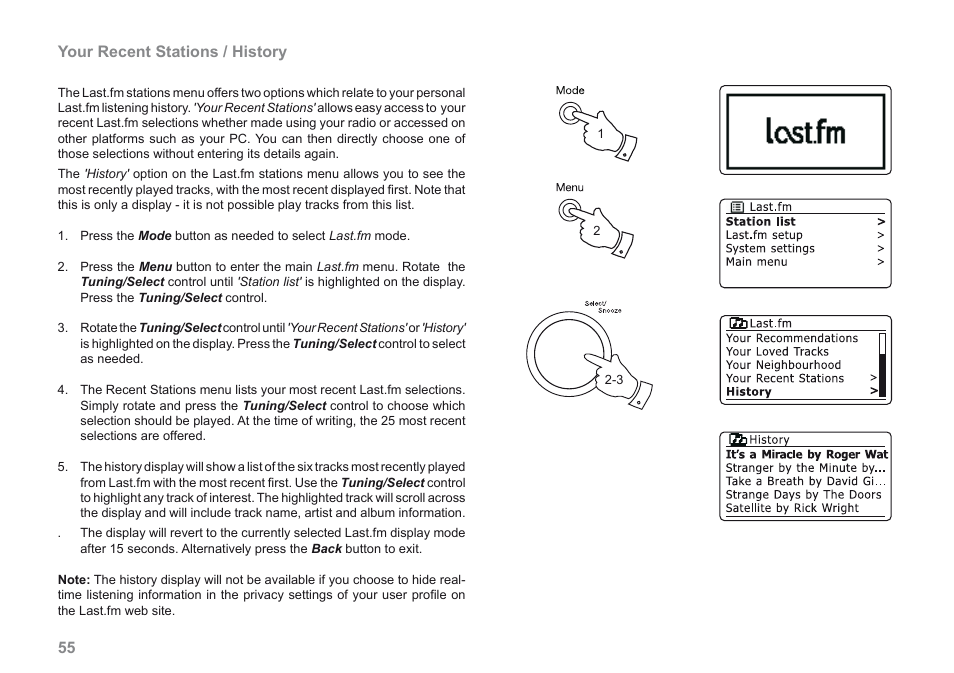 Your recent stations / history | Roberts Radio 205 User Manual | Page 56 / 100