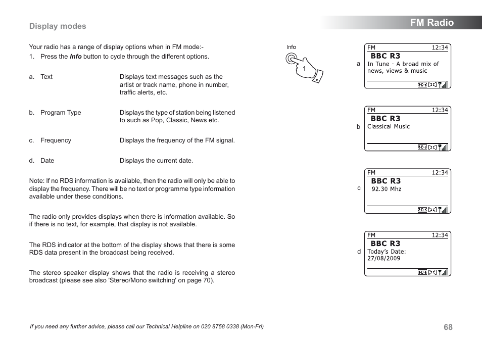 Fm radio, 68 display modes | Roberts Radio 205 User Manual | Page 69 / 100