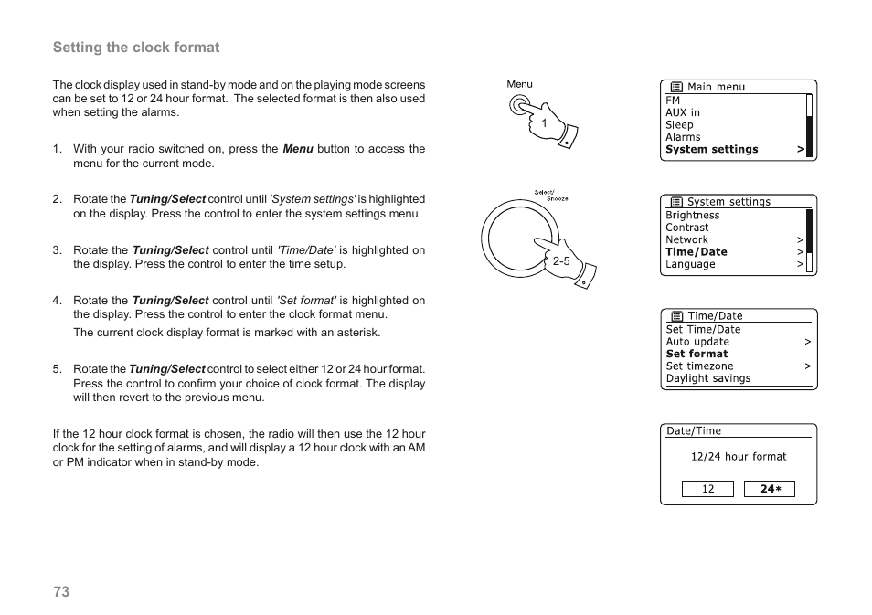 73 setting the clock format | Roberts Radio 205 User Manual | Page 74 / 100