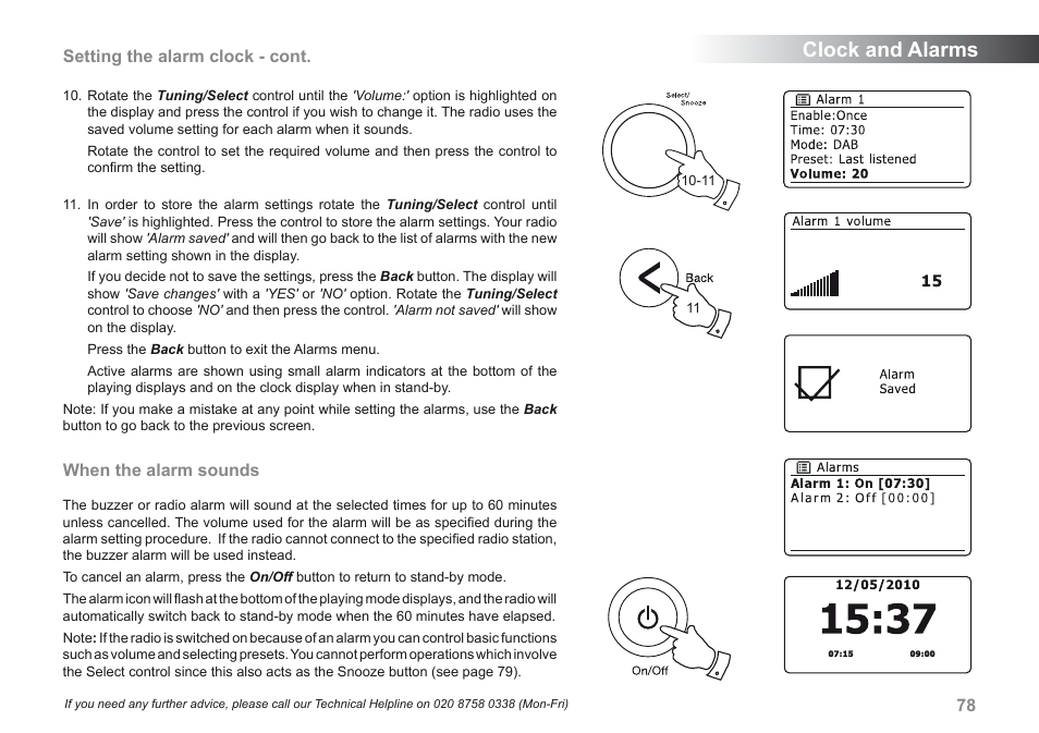 Clock and alarms, Setting the alarm clock - cont, When the alarm sounds | Roberts Radio 205 User Manual | Page 79 / 100