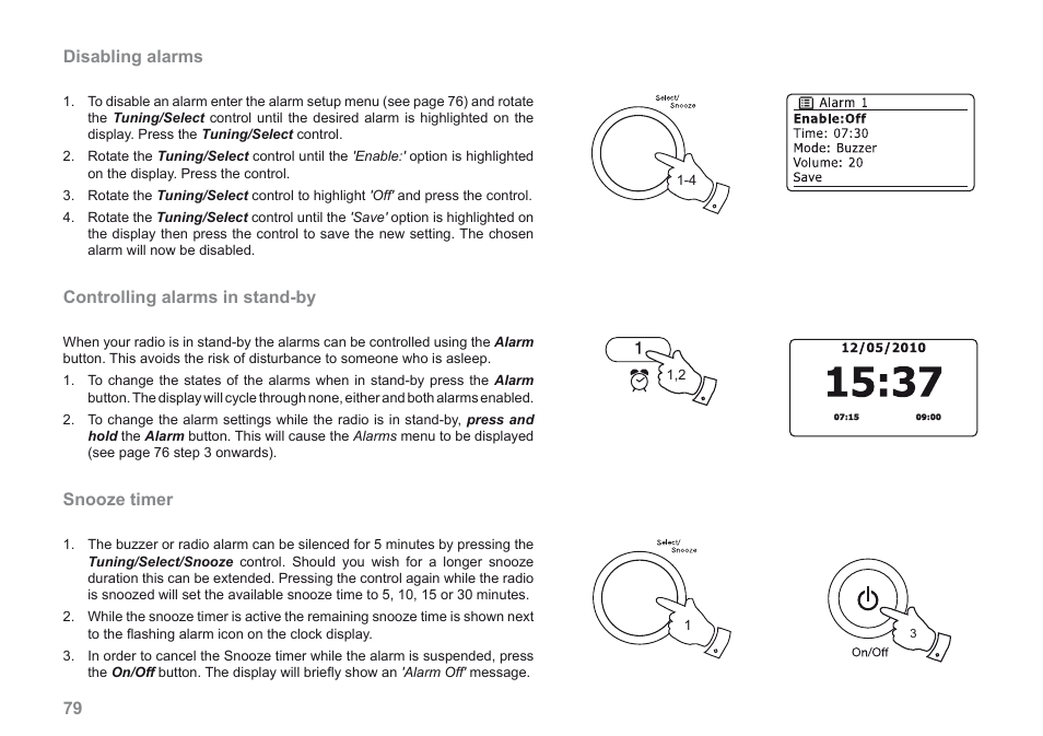 79 disabling alarms, Controlling alarms in stand-by, Snooze timer | Roberts Radio 205 User Manual | Page 80 / 100