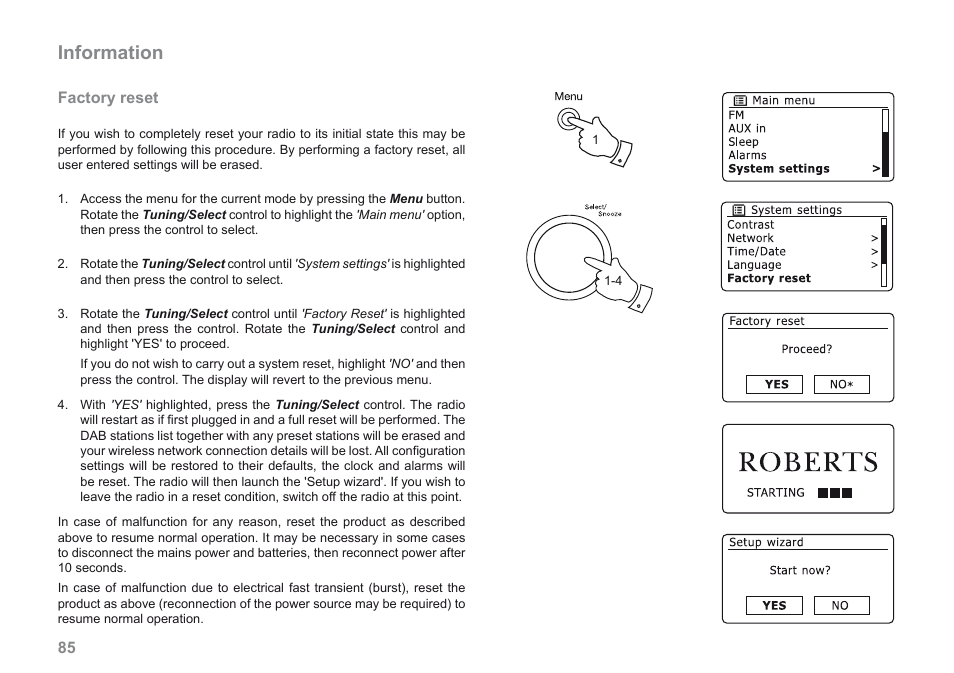 Information, Factory reset | Roberts Radio 205 User Manual | Page 86 / 100