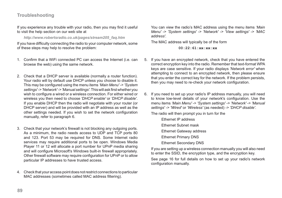 Troubleshooting | Roberts Radio 205 User Manual | Page 90 / 100