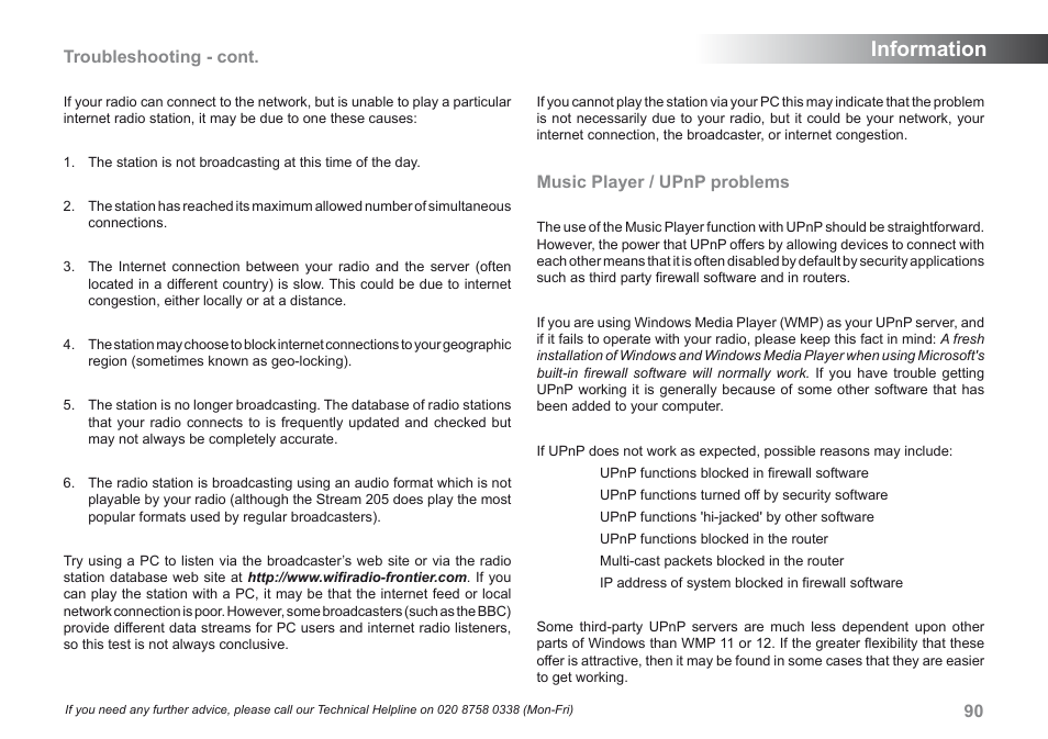 Information, Troubleshooting - cont, Music player / upnp problems | Roberts Radio 205 User Manual | Page 91 / 100