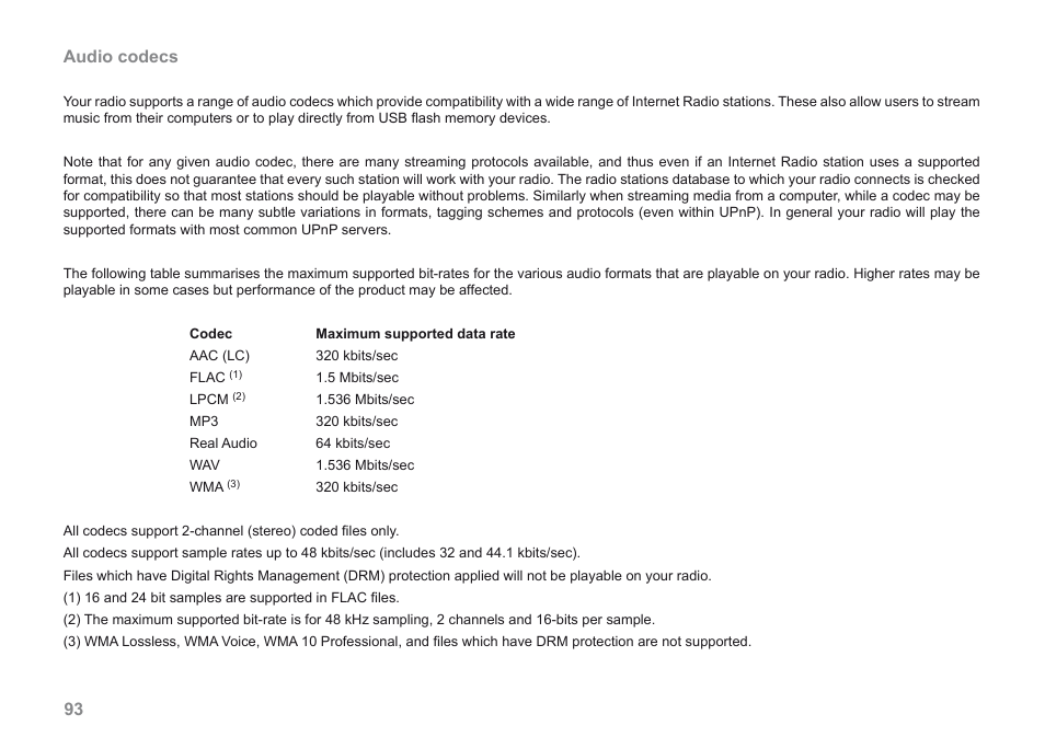 93 audio codecs | Roberts Radio 205 User Manual | Page 94 / 100