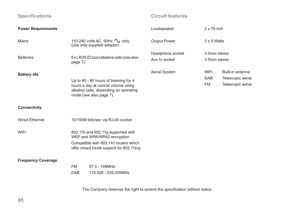 95 specifications, Circuit features | Roberts Radio 205 User Manual | Page 96 / 100