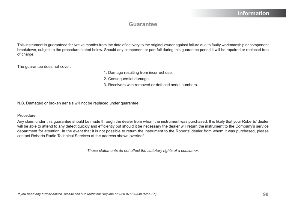 Guarantee, Information | Roberts Radio 205 User Manual | Page 99 / 100
