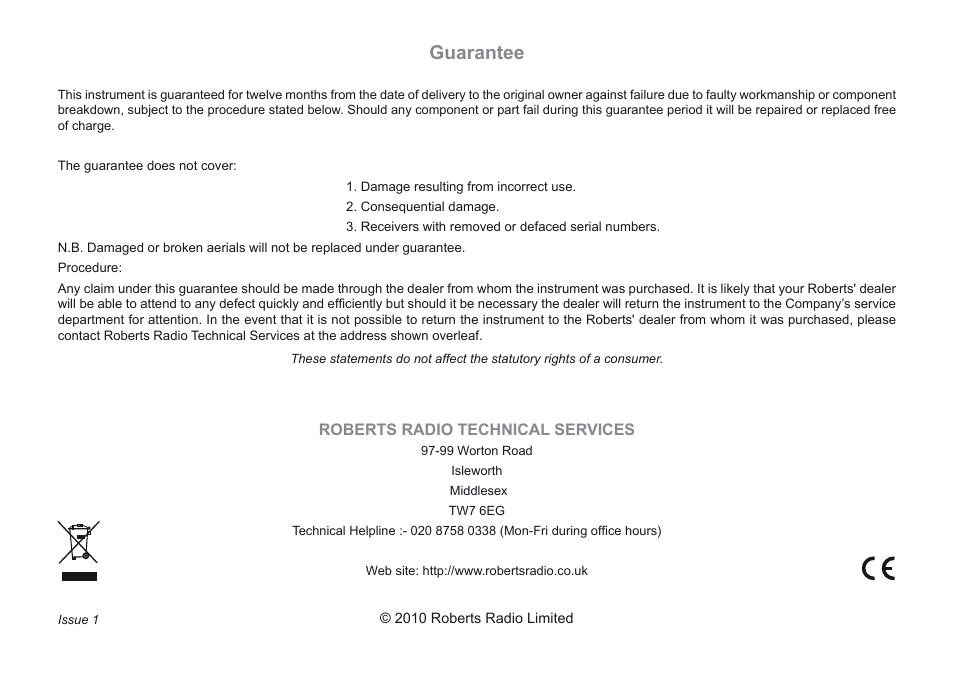 Guarantee | Roberts Radio iStream User Manual | Page 100 / 100