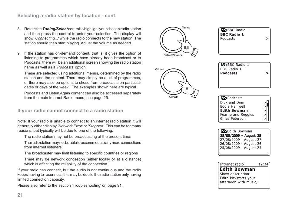 21 selecting a radio station by location - cont, If your radio cannot connect to a radio station | Roberts Radio iStream User Manual | Page 22 / 100