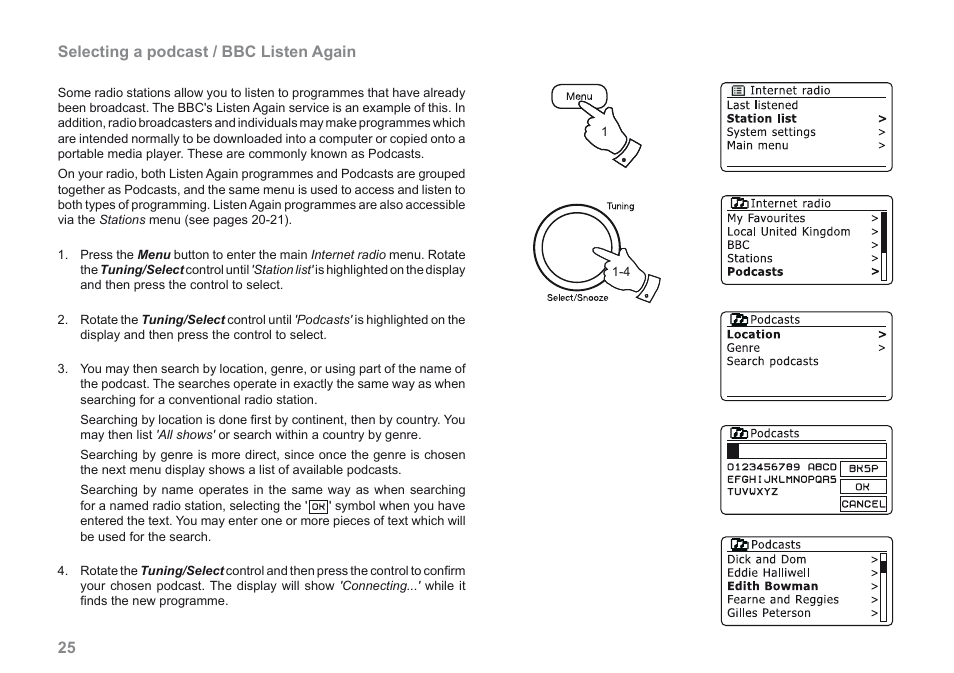 25 selecting a podcast / bbc listen again | Roberts Radio iStream User Manual | Page 26 / 100