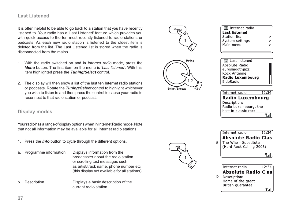 27 last listened, Display modes | Roberts Radio iStream User Manual | Page 28 / 100