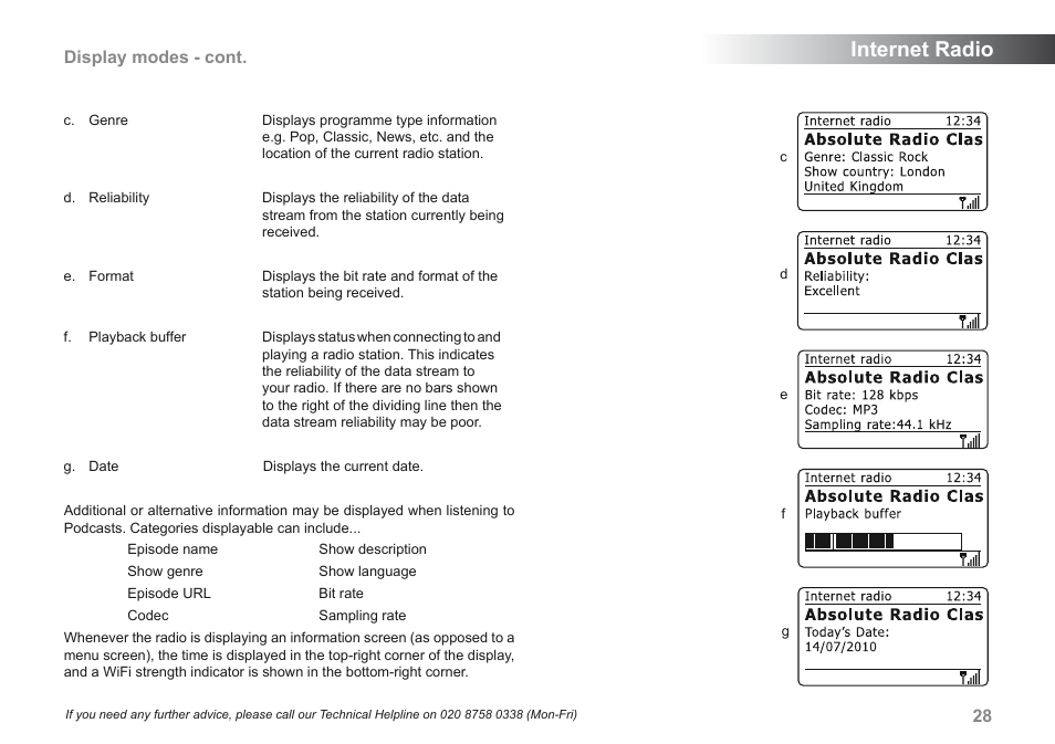 Internet radio, Display modes - cont | Roberts Radio iStream User Manual | Page 29 / 100