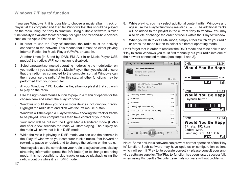 47 windows 7 'play to' function | Roberts Radio iStream User Manual | Page 48 / 100