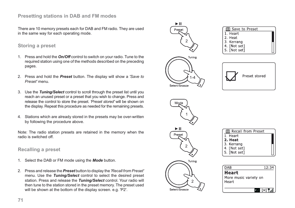 71 presetting stations in dab and fm modes, Storing a preset, Recalling a preset | Roberts Radio iStream User Manual | Page 72 / 100