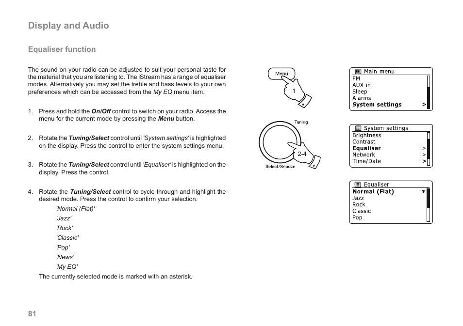 Display and audio, Equaliser function | Roberts Radio iStream User Manual | Page 82 / 100