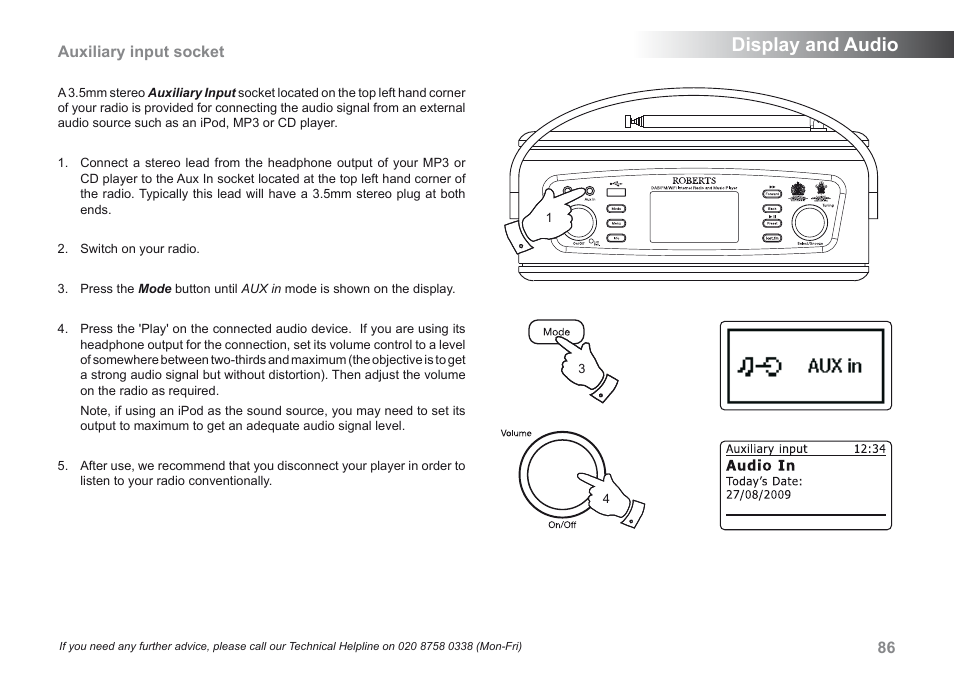 Display and audio, Auxiliary input socket | Roberts Radio iStream User Manual | Page 87 / 100