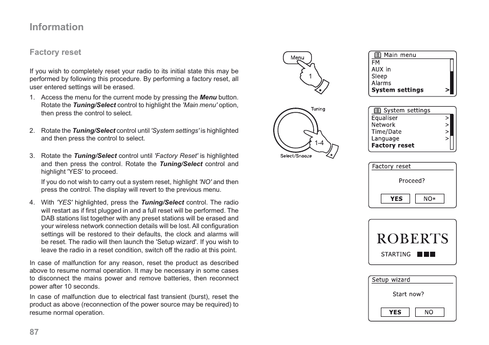 Information, Factory reset | Roberts Radio iStream User Manual | Page 88 / 100